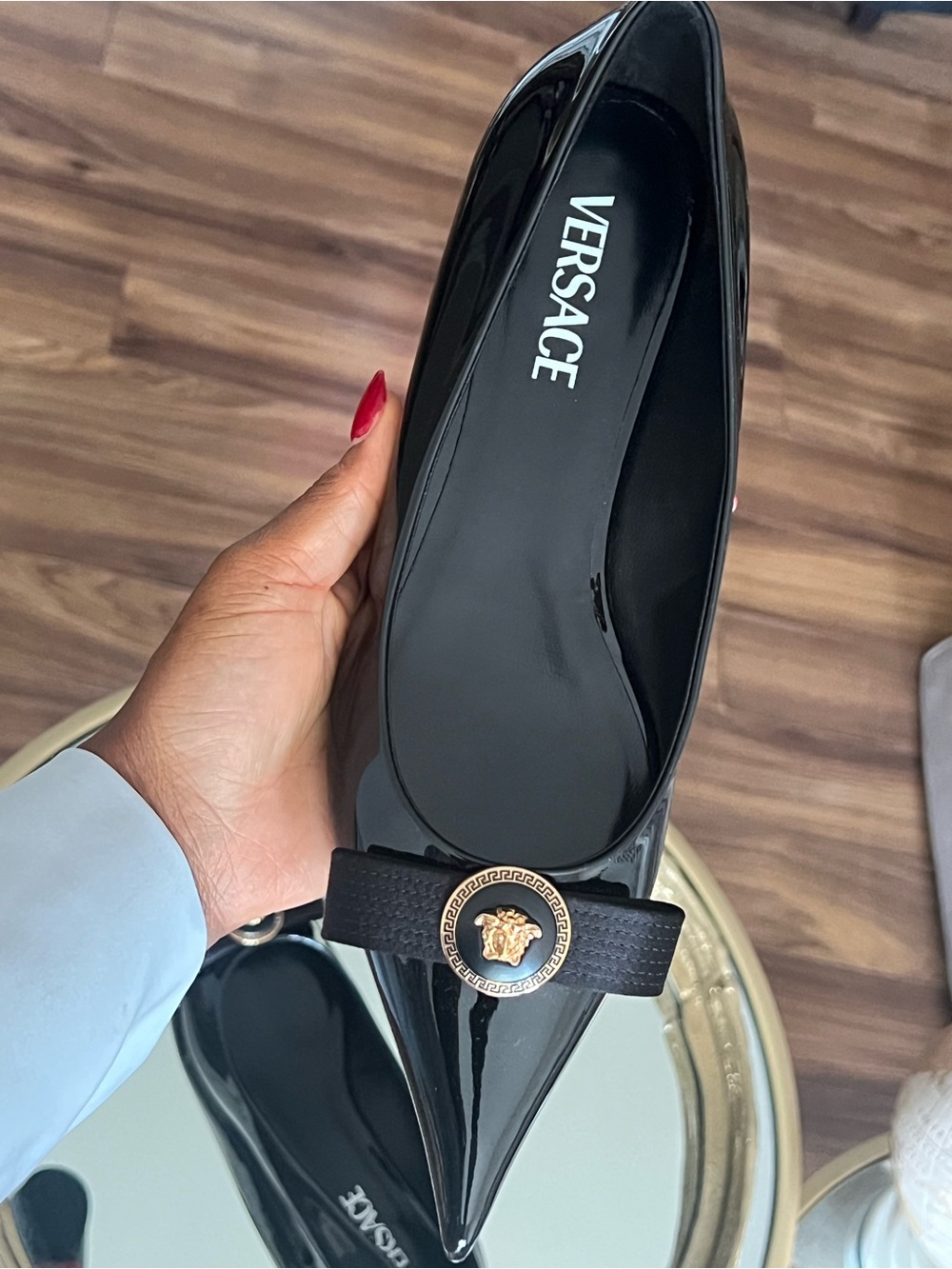 Versace Black Patent Pointed Toe Flats with Gold Medusa Medallion - Picture 6 of 13